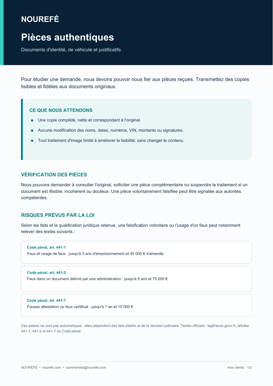 Aperçu de l’avis sur l’authenticité des pièces