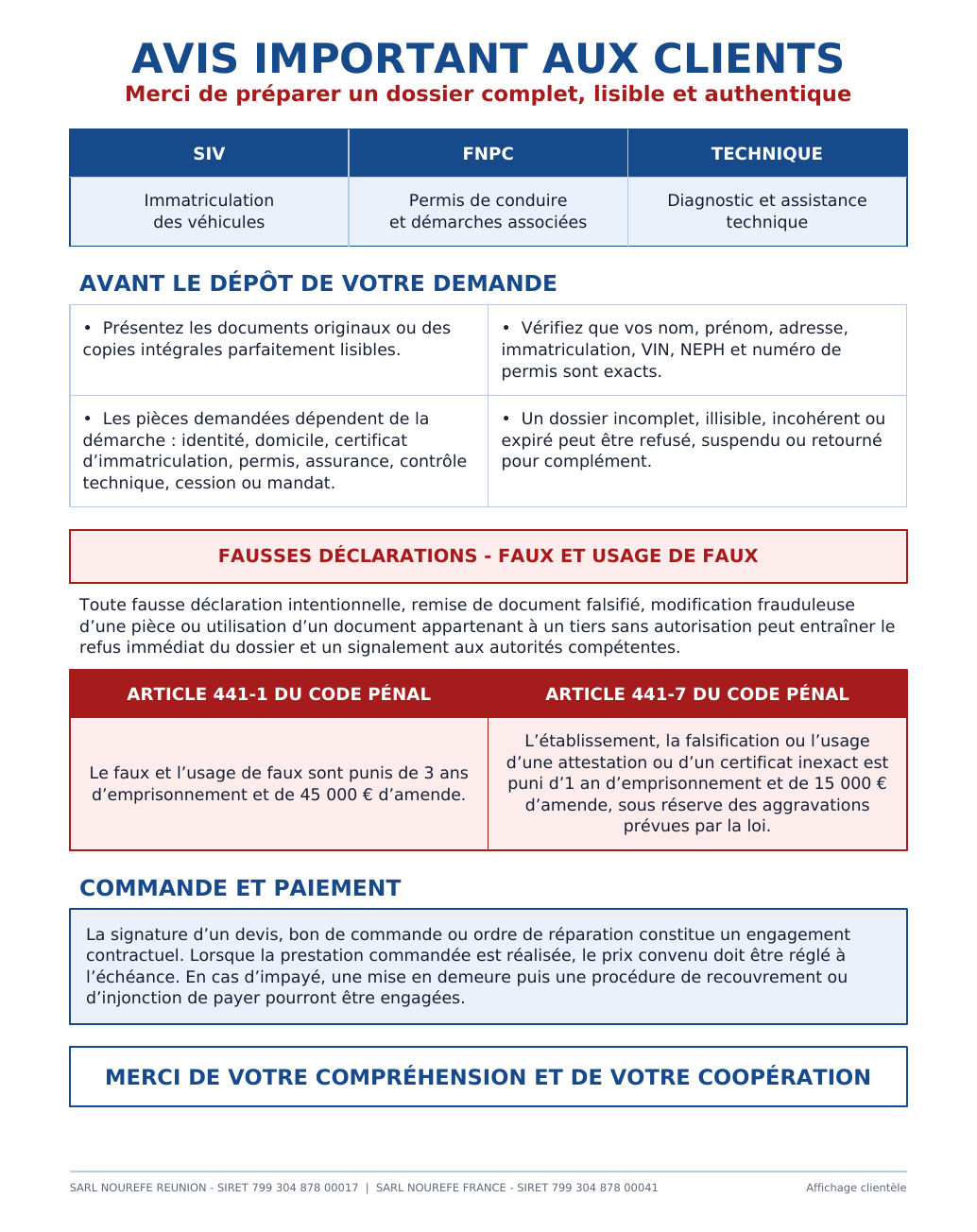 Page 1 du PDF : avis aux clients sur les faux et l’usage de faux
